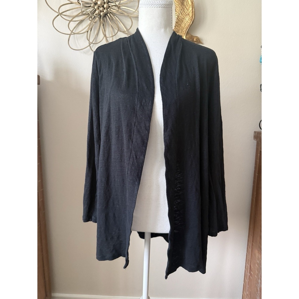 J Jill Love Linen Cardigan XL Black 100% Linen Open Front Shirred Lagenlook